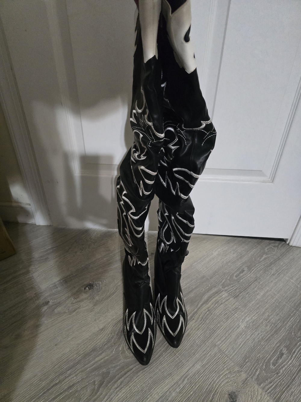 Nomad Black and White Over-The-Knee Embroidered Boots